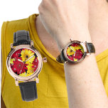 Bright Red and Yellow Gerber Daisies<br><div class="desc">A fun colourful watch face adorned with colourful yellow and red Gerber daisy photographs over a black background with the vintage leather band. The white numbers are a template which you can remove/clear. You can also transfer this design where it fits appropriately to another product in the scroll bar such...</div>