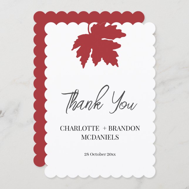 Bright Red Autumn Maple Leaf Wedding Thank You  (Front/Back)