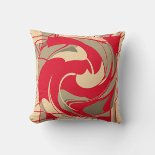 Bright Red Beige Taupe Swirling Abstract Flower Cushion