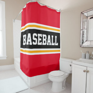 Bright Red Black Orange BASEBALL Sports Stripes Shower Curtain