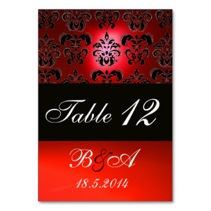 BRIGHT RED BLACK WHITE CLASSY DAMASK MONOGRAM TABLE NUMBER