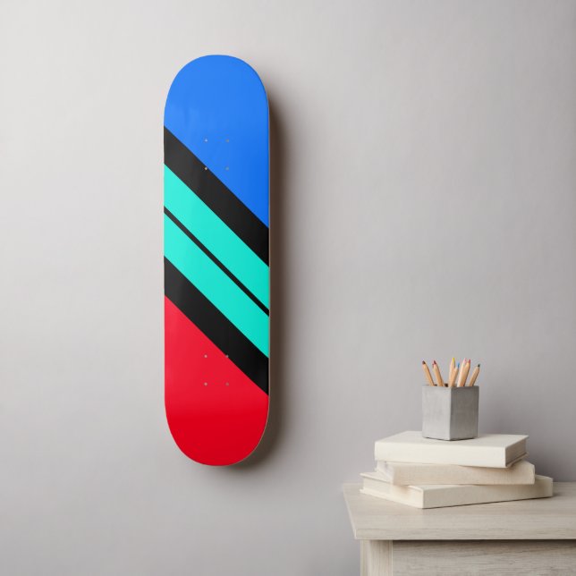 Bright Red Blue Black Aqua Diagonal Racing Stripe Skateboard (Wall Art)