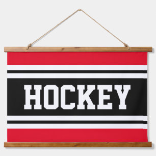 Bright Red Bold Black White Stripes HOCKEY Text  Hanging Tapestry