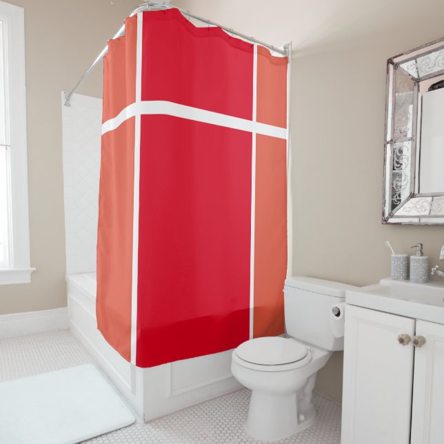 Bright Red Bold Orange White Split Racing Stripes Shower Curtain (In Situ)