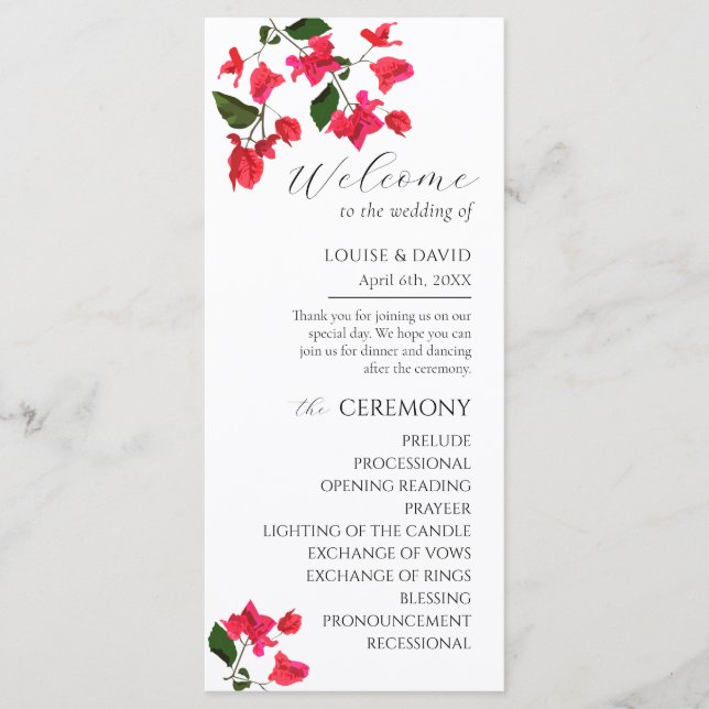 Bright Red Bougainville Wedding Flat Program Programme (Front)