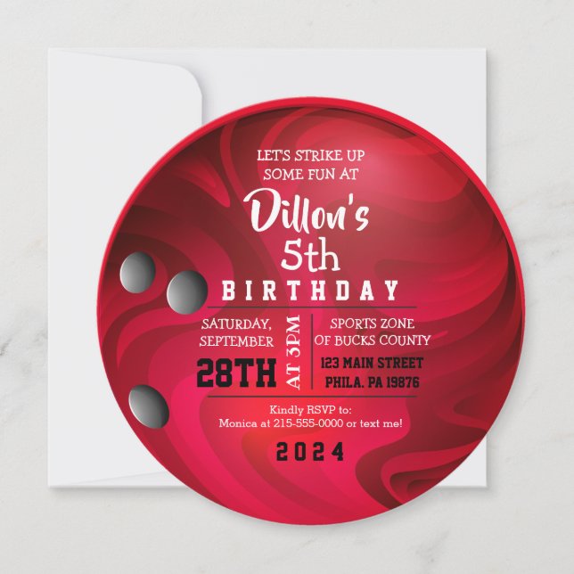 Bright RED BOWLING BALL ROUND Birthday Party Invitation (Front)