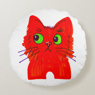 Bright Red Cat — Wide-Eyed Wonder with a Twist Round Cushion