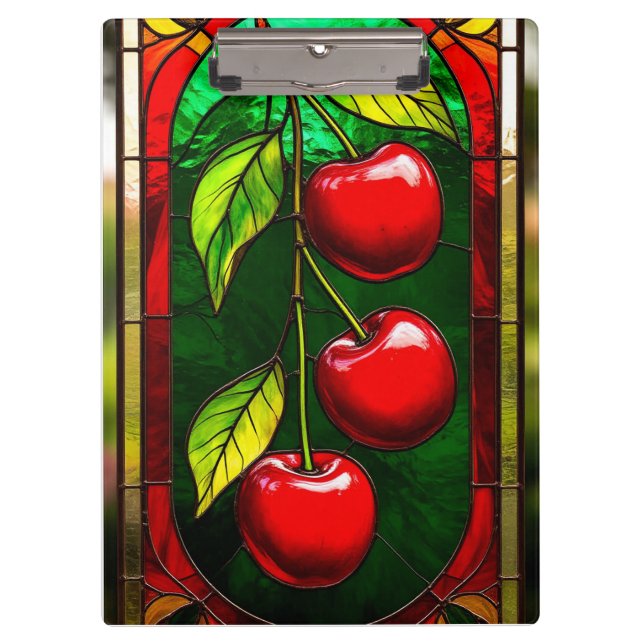 Bright Red Cherries and Green Leaves Clipboard (Front)