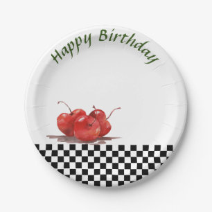 Bright Red Cherries on a Checked Tablecloth 2 Paper Plate