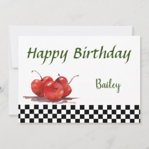 Bright Red Cherries on a Checked Tablecloth  Holiday Card