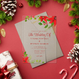 Bright Red Christmas Poinsettia Floral Wedding Acrylic Invitations