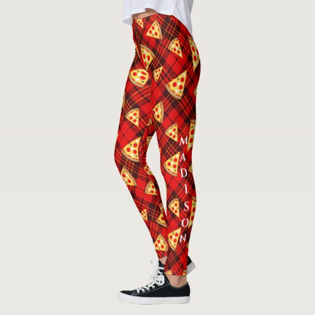 Bright Red Christmas tartan Pizza pattern w text Leggings (Left)