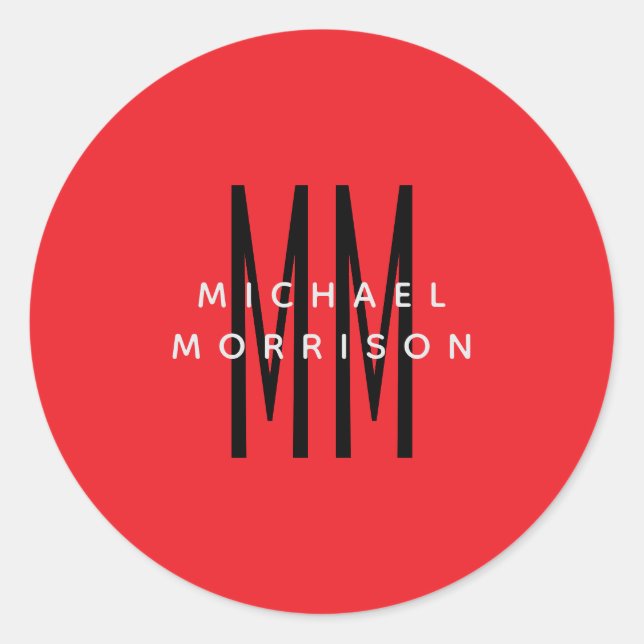 Bright Red Colour Monogram Initial Letters Name Classic Round Sticker (Front)