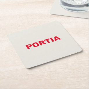 Bright red custom name plain grey square paper coaster