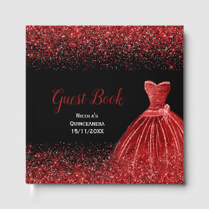 Bright Red Dress Faux Glitter Quinceanera Guest Book