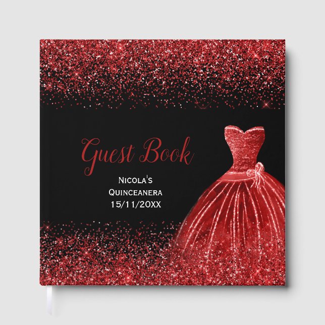 Bright Red Dress Faux Glitter Quinceanera Guest Book (Front)