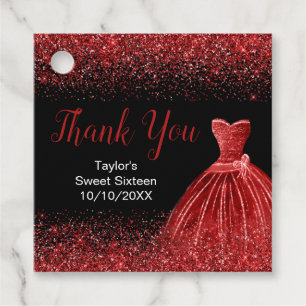 Bright Red Dress Faux Glitter Sweet 16 Birthday Favour Tags