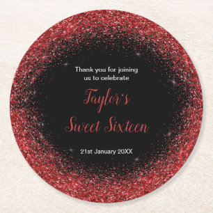 Bright Red Dress Faux Glitter Sweet 16 Birthday Round Paper Coaster