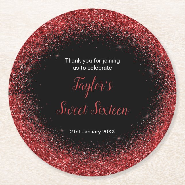 Bright Red Dress Faux Glitter Sweet 16 Birthday Round Paper Coaster (Front)