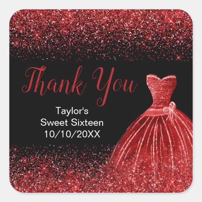 Bright Red Dress Faux Glitter Sweet 16 Birthday Square Sticker (Front)