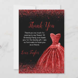 Bright Red Dress Faux Glitter Sweet 16 Birthday Thank You Card
