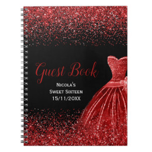 Bright Red Dress Faux Glitter Sweet 16 Guest Book