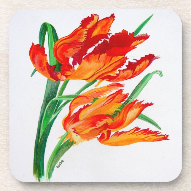 Bright Red Flamboyant Parrot Tulips Coaster (Front)