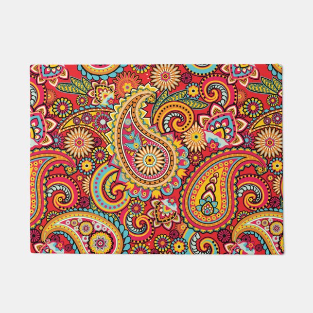 Bright Red Floral paisley bohemian pattern Doormat (Front)
