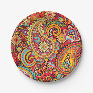 Bright Red Floral paisley bohemian pattern Paper Plate