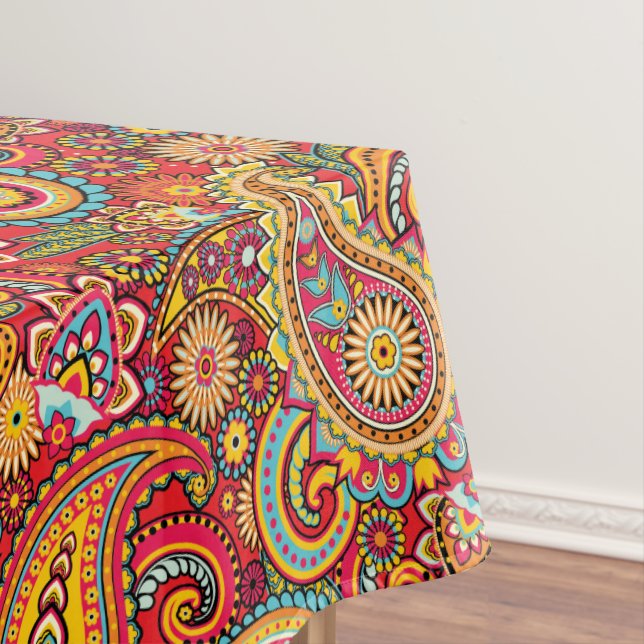 Bright Red Floral paisley bohemian pattern Tablecloth (In Situ)