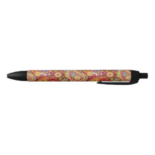 Bright Red Floral paisley seamless pattern Black Ink Pen