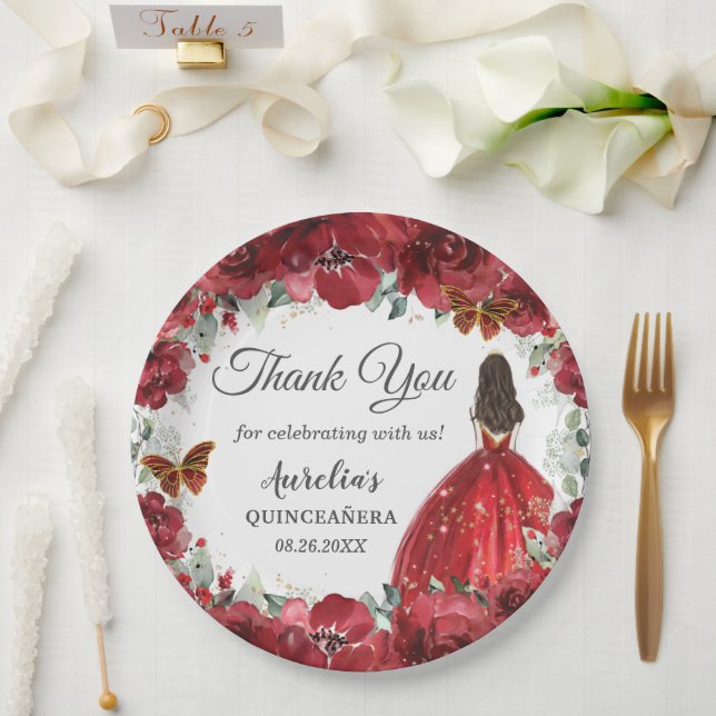Bright Red Floral Peony Butterflies Gold Princess  Paper Plate (Wedding)