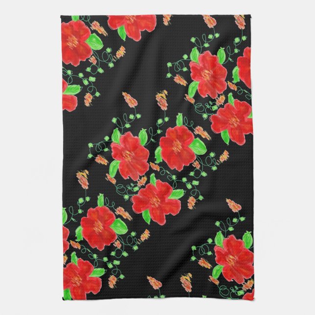 Bright red Flowered Tea Towel (Vertical)