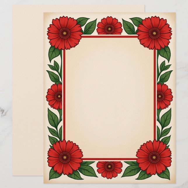 Bright Red Flowers & Frame Stationery Paper Custom Letterhead (Front/Back)