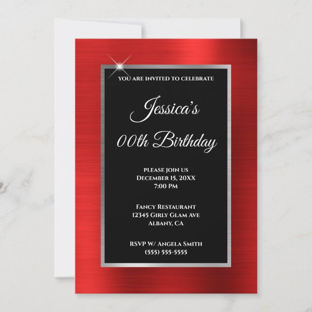 Bright Red Foil Silver and Black Birthday Invitation (Front)