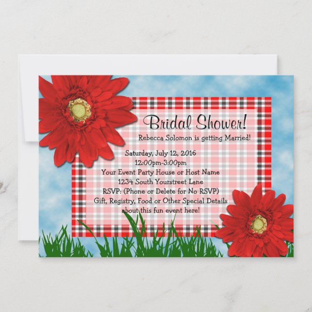 Bright Red Gerbera Daisies Summer Bridal Shower Invitation (Front)