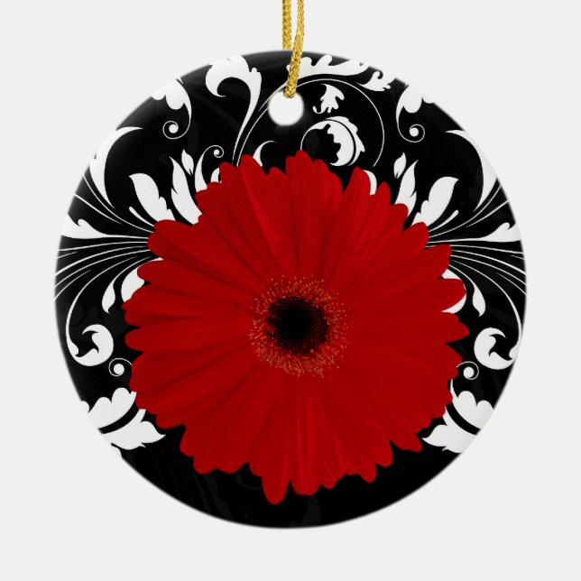 Bright Red Gerbera Daisy on Black Ceramic Tree Decoration (Front)