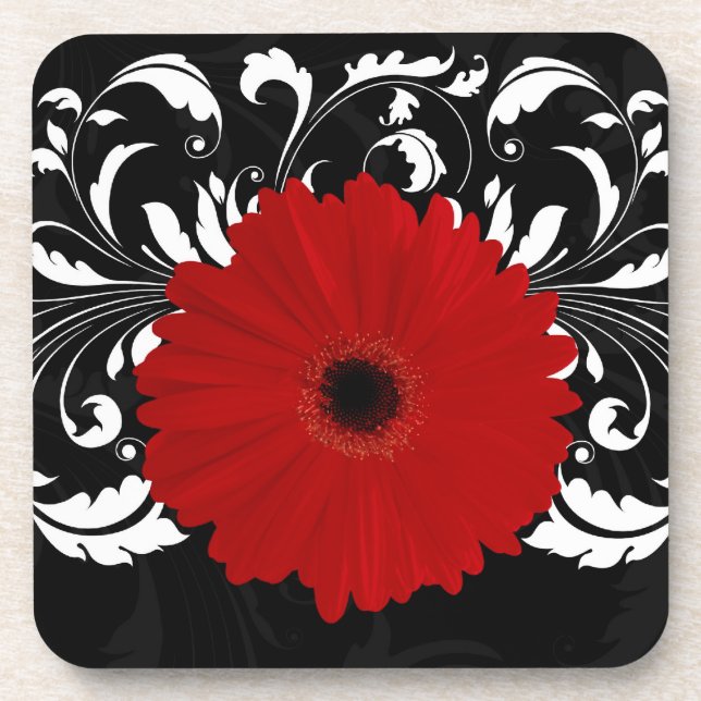 Bright Red Gerbera Daisy on Black Coaster (Front)
