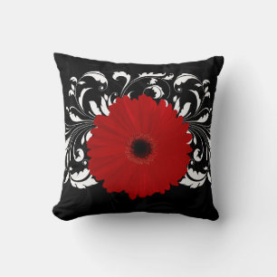 Bright Red Gerbera Daisy on Black Cushion