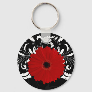 Bright Red Gerbera Daisy on Black Key Ring