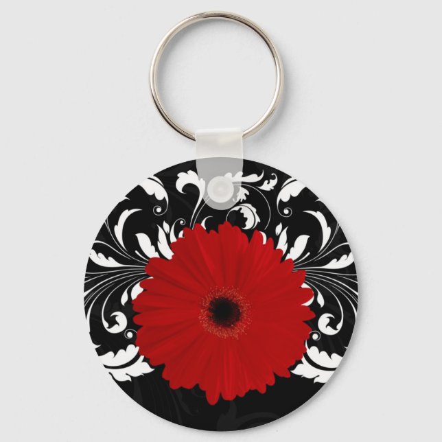 Bright Red Gerbera Daisy on Black Key Ring (Front)