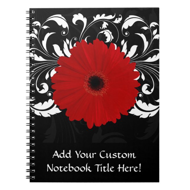 Bright Red Gerbera Daisy on Black Spiral Notebook (Front)