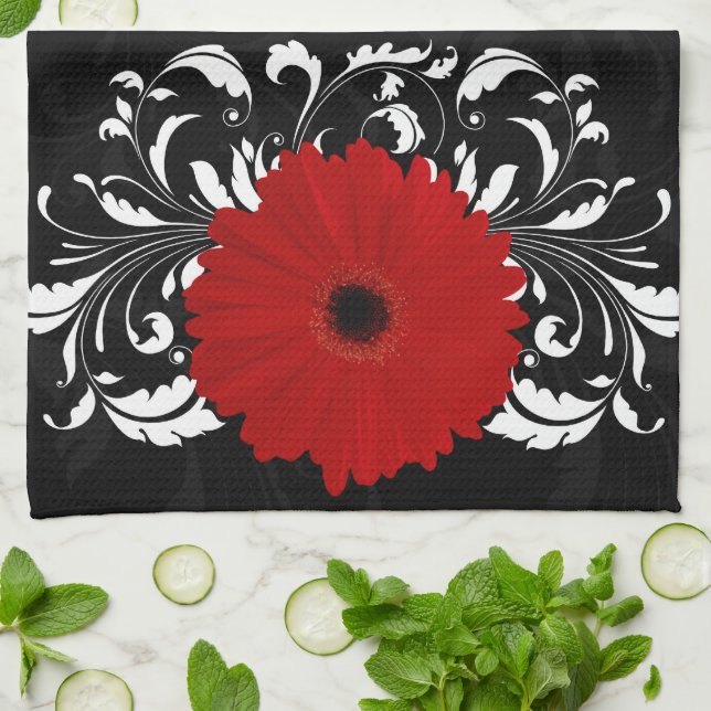 Bright Red Gerbera Daisy on Black Tea Towel (Folded)