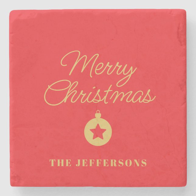 Bright Red & Gold Colors Merry Christmas Stone Coaster (Front)