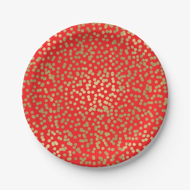 Bright Red & Gold Dots Confetti Elegant Glam Paper Plate (Front)