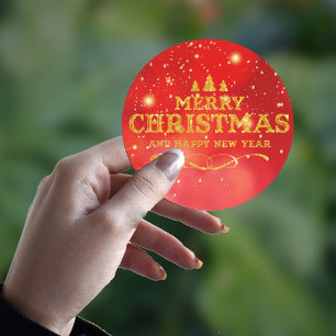 Bright Red Gold Merry Christmas Happy New Year  Classic Round Sticker