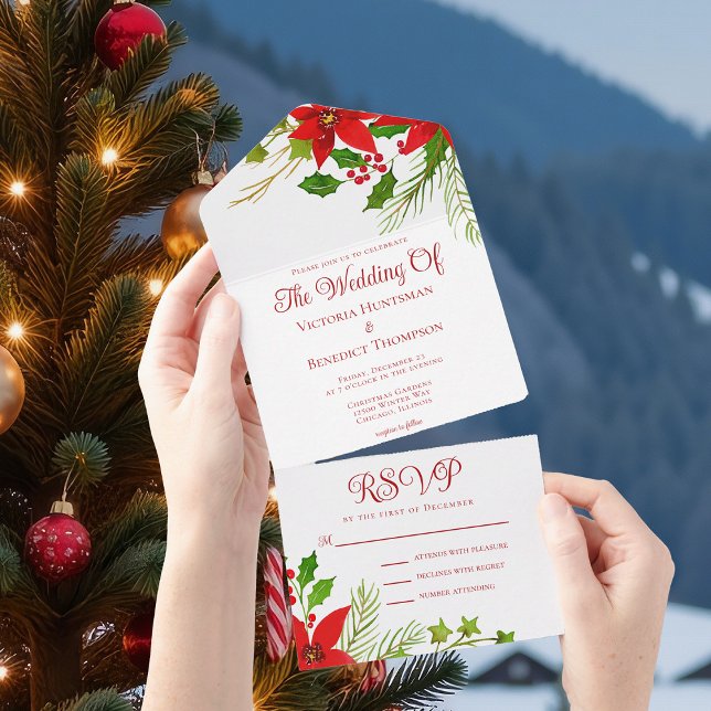 Bright Red Green Christmas Poinsettia Wedding All In One Invitation (Creator Uploaded)