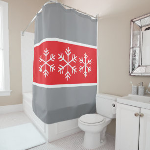 Bright Red Grey Stripes White Alpine Snowflakes Shower Curtain