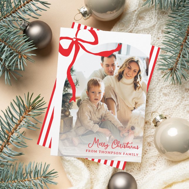 Bright Red Hand Drawn Ribbon Arch Photo Christmas Holiday Card (Creator Uploaded)