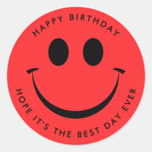 Bright Red Happy Face Birthday Classic Round Sticker